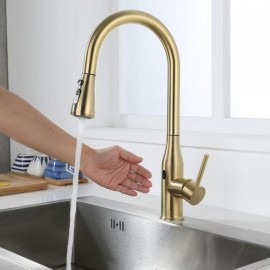 Brushed Gold Stainless Steel Infrared Sensor Pull-Out Kitchen Faucet