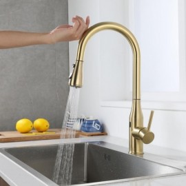 Brushed Gold Stainless Steel Infrared Sensor Pull-Out Kitchen Faucet