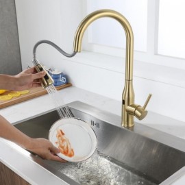 Brushed Gold Stainless Steel Infrared Sensor Pull-Out Kitchen Faucet