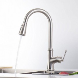 Brushed Stainless Steel Kitchen Faucet With Pull-Out Spout And Rotating Elbow