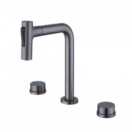 Gray Copper Basin Mixer With Pull-Out Nozzle For Bathroom