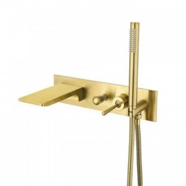 Wall-Mounted Bathtub Mixer In Brushed Gold Copper Hand Shower Waterfall Faucet