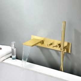 Wall-Mounted Bathtub Mixer In Brushed Gold Copper Hand Shower Waterfall Faucet