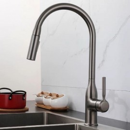Kitchen Faucet With Retractable Rotating Spout In Gray Copper