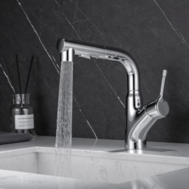 Chrome Copper Sink Faucet With Retractable Spout 1.5M Hose Cold Hot Water