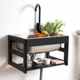 Wall-Mounted Sink In Silver Stainless Steel With Black Aluminum Support