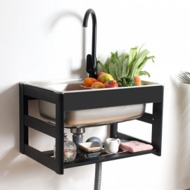 Single Wall-Mounted Sink In Silver Stainless Steel With Black Aluminum Support Optional Faucet