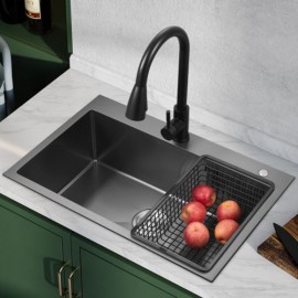 Single Bowl Sink In Brushed Black 304 Stainless Steel For Kitchen Without/With Faucet