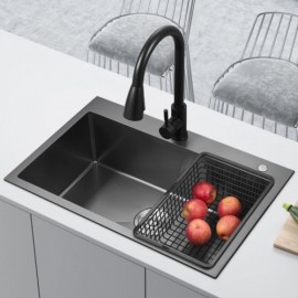 Single Bowl Sink In Brushed Black 304 Stainless Steel With Drain Soap Dispenser Drainage Basket
