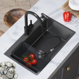 Single Bowl Sink In Brushed Black 304 Stainless Steel With Drain Soap Dispenser Drainage Basket