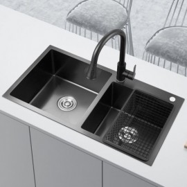 Brushed Black 304 Stainless Steel Double Bowl Sink With Drain Soap Dispenser Vegetable Drainer
