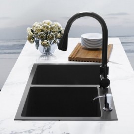 Brushed Black 304 Stainless Steel Double Bowl Sink With Drain Soap Dispenser Vegetable Drainer