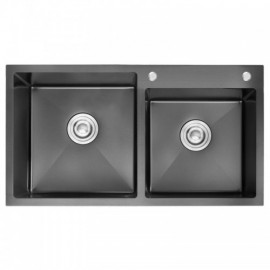 Brushed Black 304 Stainless Steel Double Bowl Sink With Drain Soap Dispenser Vegetable Drainer