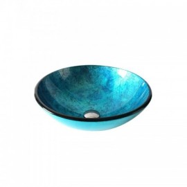Countertop Washbasin In Round Tempered Glass With Drain Pipe Mounting Ring