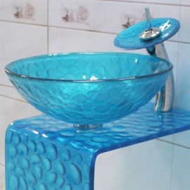 Blue Green Tempered Glass Sink Set For Bedroom Balcony Bathroom