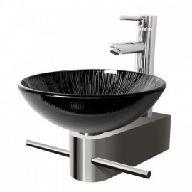 Black Tempered Glass Sink With Stainless Steel Faucet Support For Bathroom