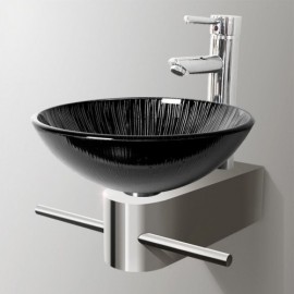 Black Tempered Glass Sink With Stainless Steel Faucet Support For Bathroom