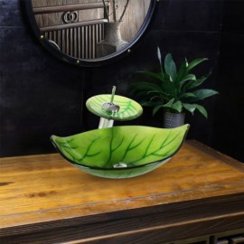 Green Leaf Tempered Glass Countertop Sink With Waterfall Faucet For Bathroom
