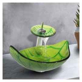 Green Leaf Tempered Glass Countertop Sink With Waterfall Faucet For Bathroom