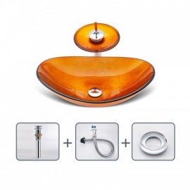 Tempered Glass Countertop Sink With Waterfall Faucet For Bathroom