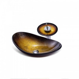 Tempered Glass Countertop Basin With Waterfall Faucet For Bathroom