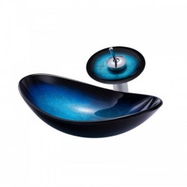 Blue Countertop Washbasin In Tempered Glass With Waterfall Faucet For Bathroom