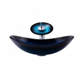 Blue Countertop Washbasin In Tempered Glass With Waterfall Faucet For Bathroom