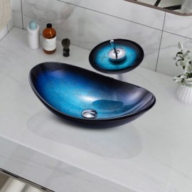 Blue Countertop Washbasin In Tempered Glass With Waterfall Faucet For Bathroom