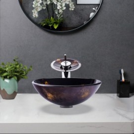 Round Countertop Washbasin In Tempered Glass With Faucet For Bathroom