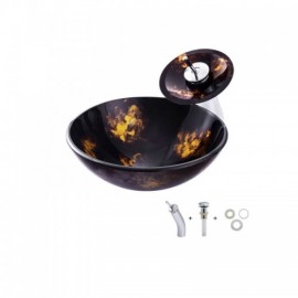 Round Countertop Washbasin In Tempered Glass With Faucet For Bathroom