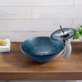 Tempered Glass Waterfall Faucet Sink Set For Bathroom Round