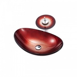 Red Countertop Washbasin With Tempered Glass Waterfall Faucet For Bathroom