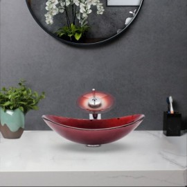 Red Countertop Washbasin With Tempered Glass Waterfall Faucet For Bathroom