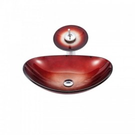 Red Countertop Washbasin With Tempered Glass Waterfall Faucet For Bathroom