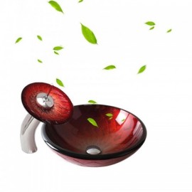 Round Red Tempered Glass Sink With Waterfall Faucet For Bathroom