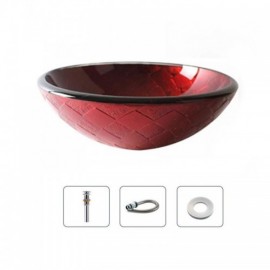 Round Red Tempered Glass Sink With Waterfall Faucet For Bathroom