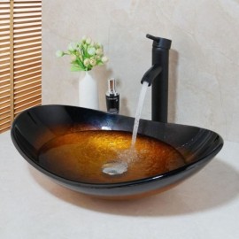 Tempered Glass Sink With Black Faucet For Bathroom