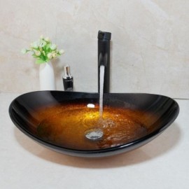 Tempered Glass Sink With Black Faucet For Bathroom