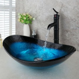 Countertop Washbasin In Tempered Glass With Black Mixer Faucet For Bathroom