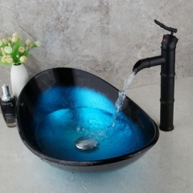 Countertop Washbasin In Tempered Glass With Black Mixer Faucet For Bathroom
