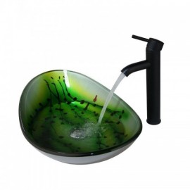 Countertop Basin In Tempered Glass With Black Mixer Faucet For Bathroom