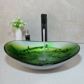 Countertop Basin In Tempered Glass With Black Mixer Faucet For Bathroom