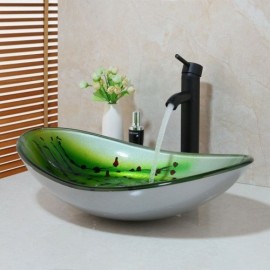 Countertop Basin In Tempered Glass With Black Mixer Faucet For Bathroom