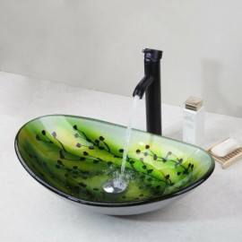 Countertop Basin In Tempered Glass With Black Mixer Faucet For Bathroom