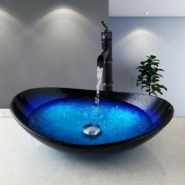 Tempered Glass Sink With Black Orb Mixer Faucet For Bathroom