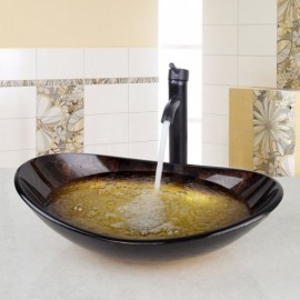 Tempered Glass Countertop Basin With Black Faucet For Bathroom