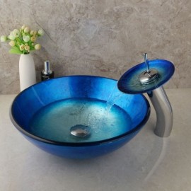 Countertop Washbasin With Waterfall Faucet In Blue Tempered Glass For Bathroom Balcony