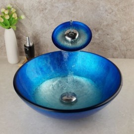 Countertop Washbasin With Waterfall Faucet In Blue Tempered Glass For Bathroom Balcony