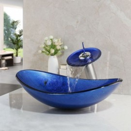 Countertop Washbasin With Waterfall Faucet In Tempered Glass For Bathroom
