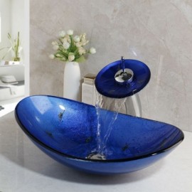 Countertop Washbasin With Waterfall Faucet In Tempered Glass For Bathroom